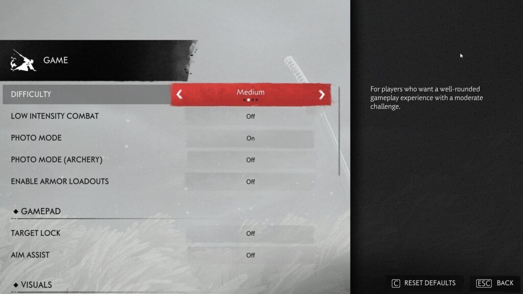 The in-game settings menu showing a highlighted difficulty setting in Ghost of Tsushima.