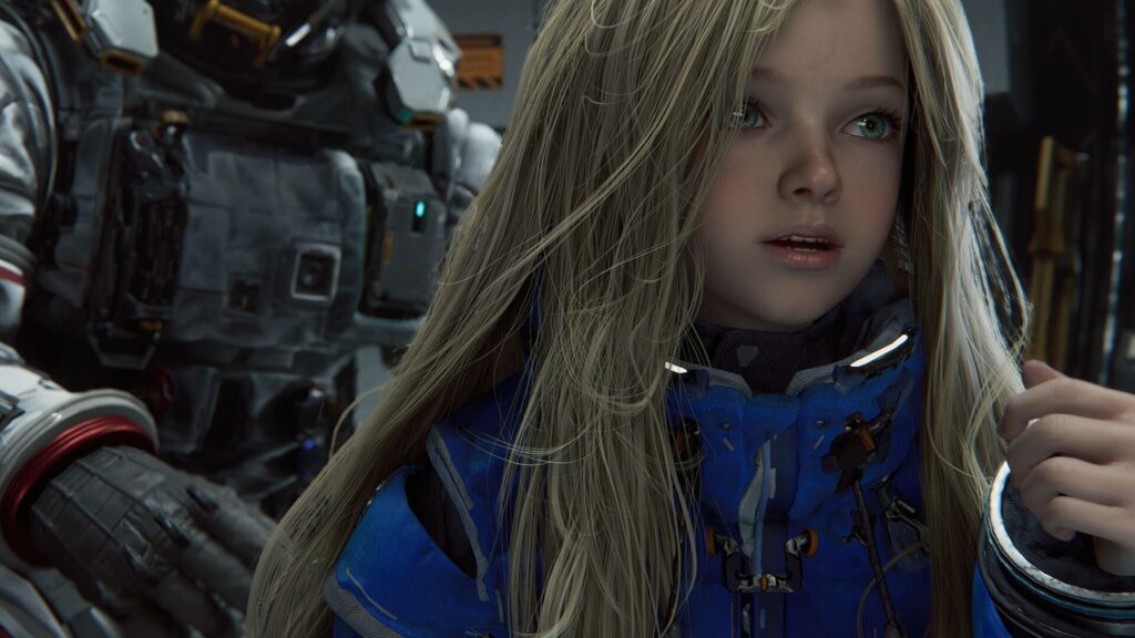 Close-up of Diana, the android companion in Pragmata, with platinum blonde hair and blue-green eyes, standing beside Hugh's armoured suit