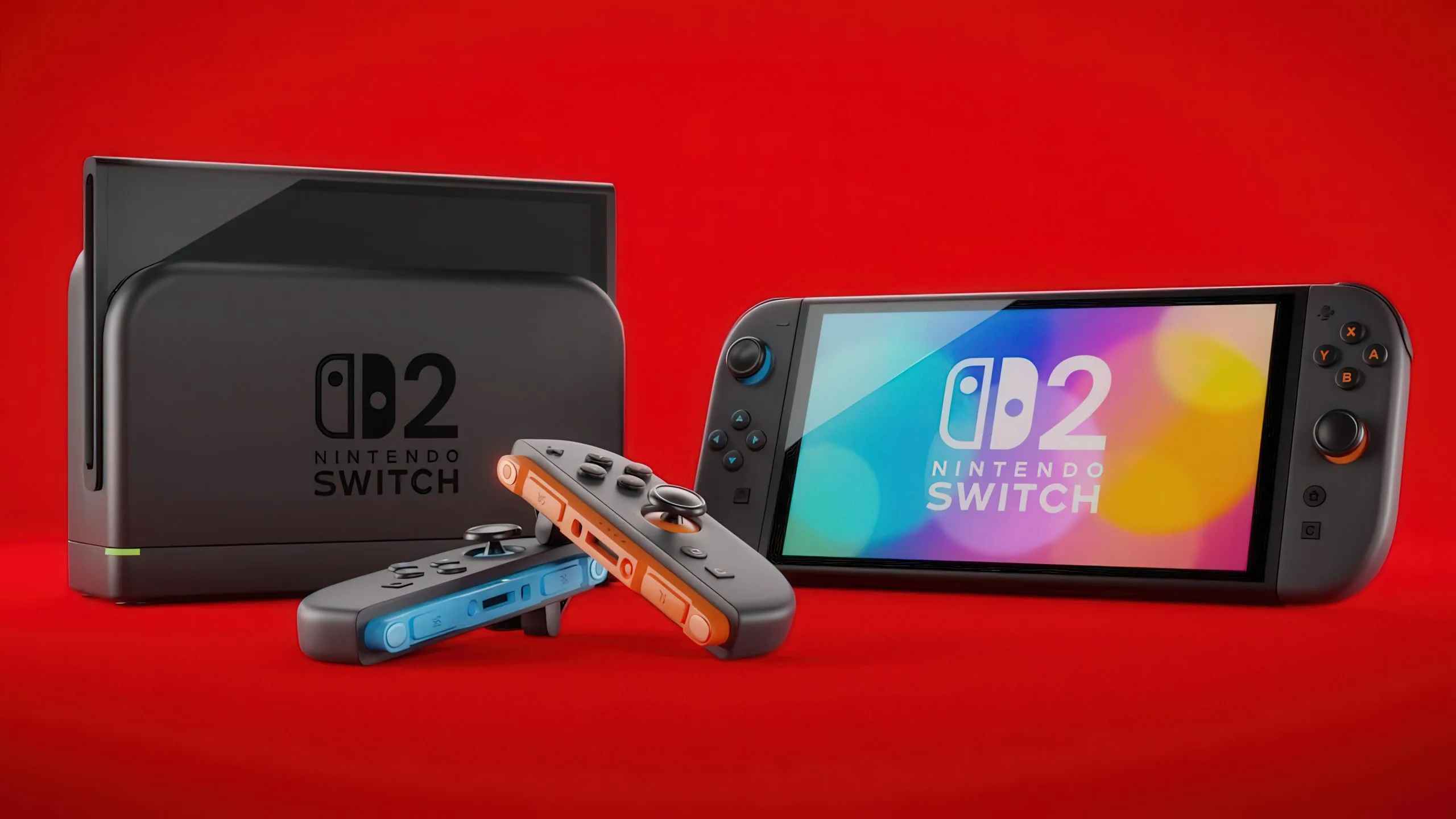 The Nintendo Switch 2 in the background, shown both in docked and handheld mode, with a pair of joycons in the front